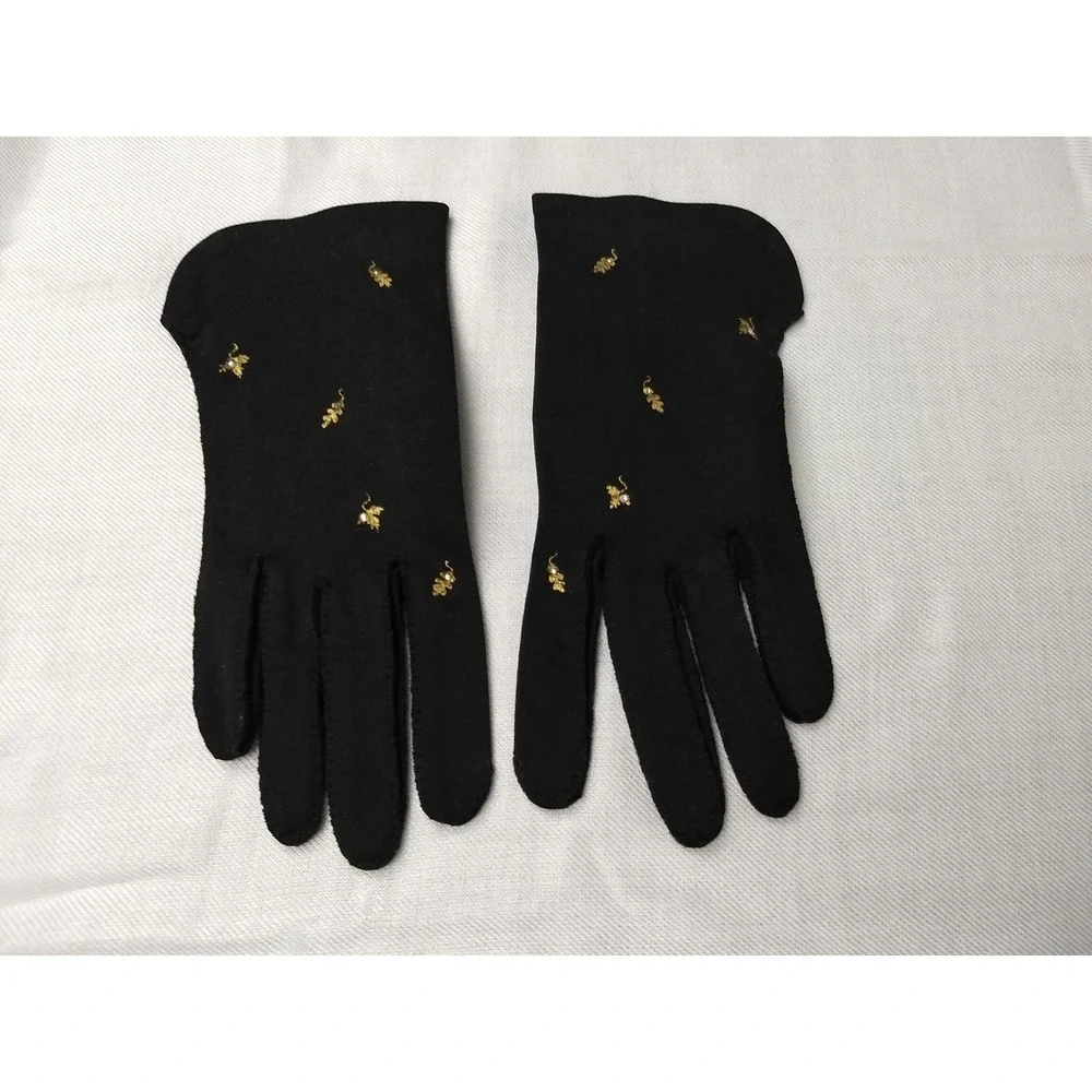 Madeleine Debs Wristlet Gloves Black Gold Embroidered Leaf Rhinestone Size 7 Vtg